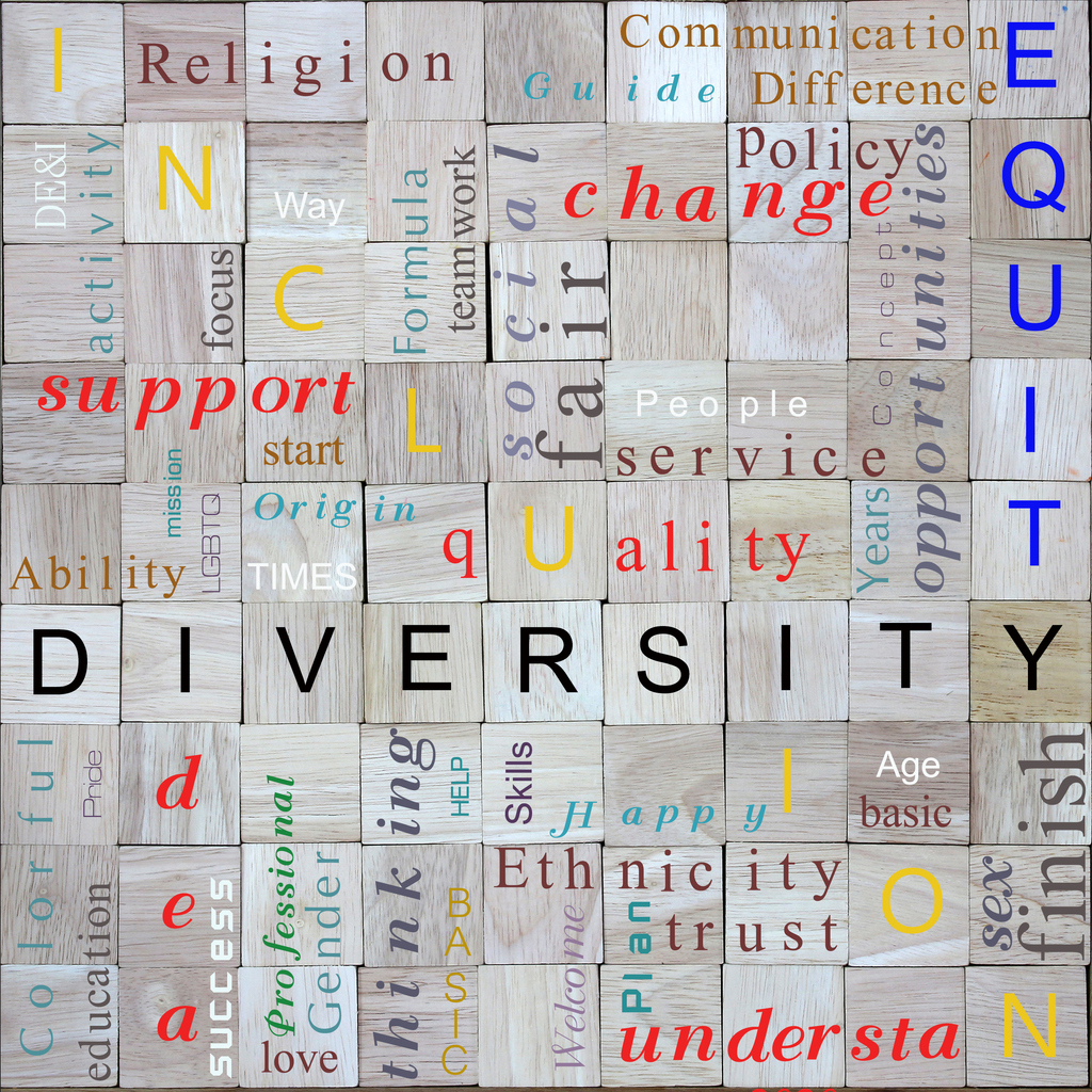 diversity, equity, inclusion word on wood block background concept DEI